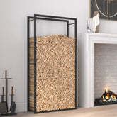 Matt black steel firewood rack holding stacked logs beside a lit fireplace.
